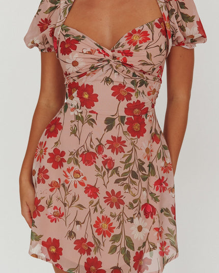 Beige Twist Bust Mini Dress Floral