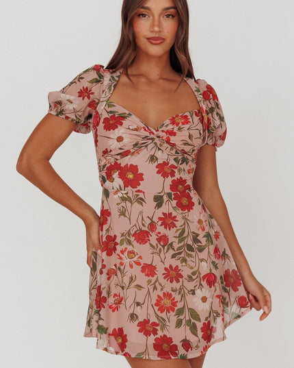 Beige Twist Bust Mini Dress Floral
