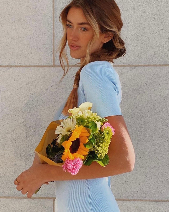 Steel Blue Moon Dance Open Back Short Sleeve Knit Midi Dress
