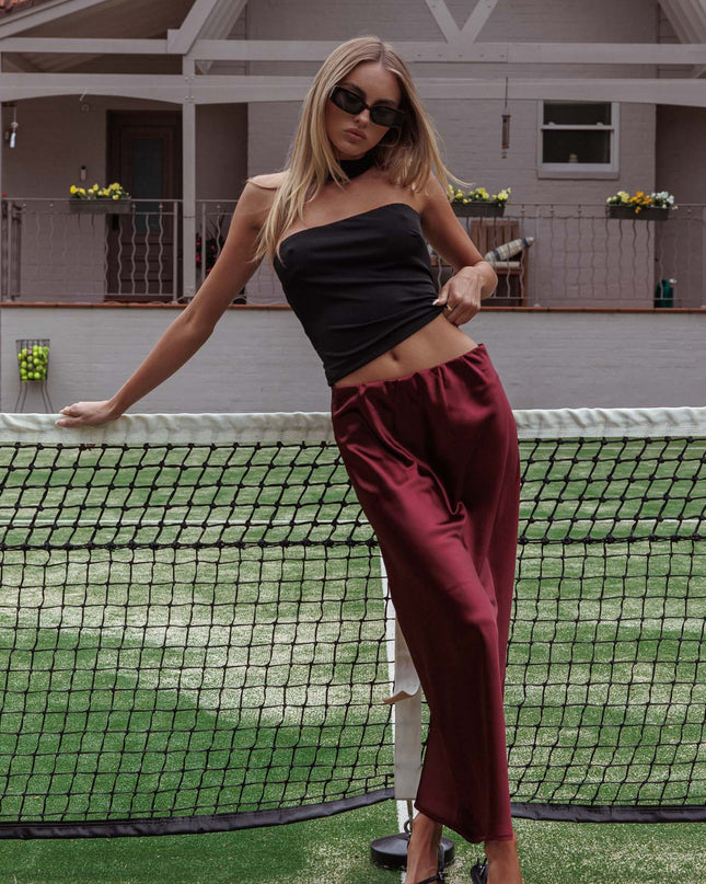 Wine Satin Maxi Skirt