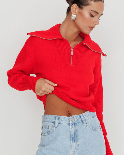 Red Zipper Knit Pullover