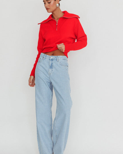 Red Zipper Knit Pullover
