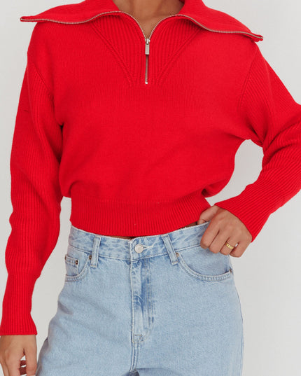 Red Zipper Knit Pullover