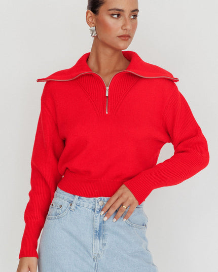 Red Zipper Knit Pullover
