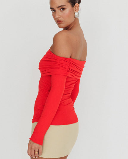 Red Off-Shoulder Long Sleeve Top