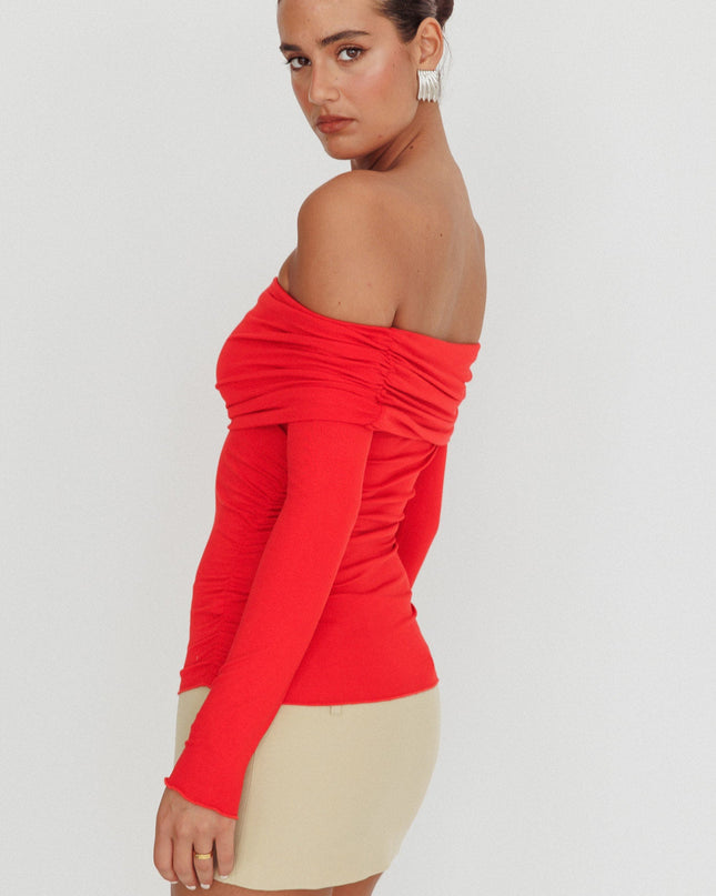 Red Off-Shoulder Long Sleeve Top