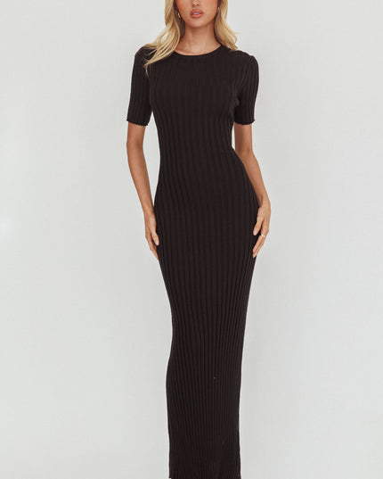 Black Waist Tie Ribbed Knit Maxi Dress