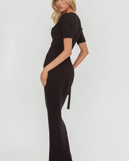 Black Waist Tie Ribbed Knit Maxi Dress