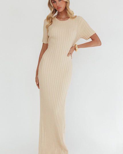 Cream Waist Tie Ribbed Knit Maxi Dress