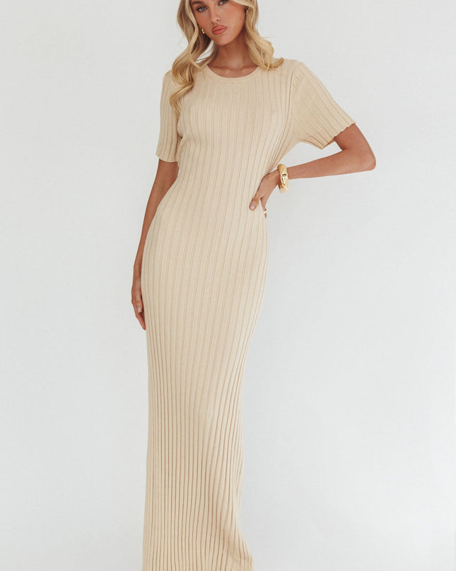Cream Waist Tie Ribbed Knit Maxi Dress
