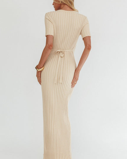 Cream Waist Tie Ribbed Knit Maxi Dress
