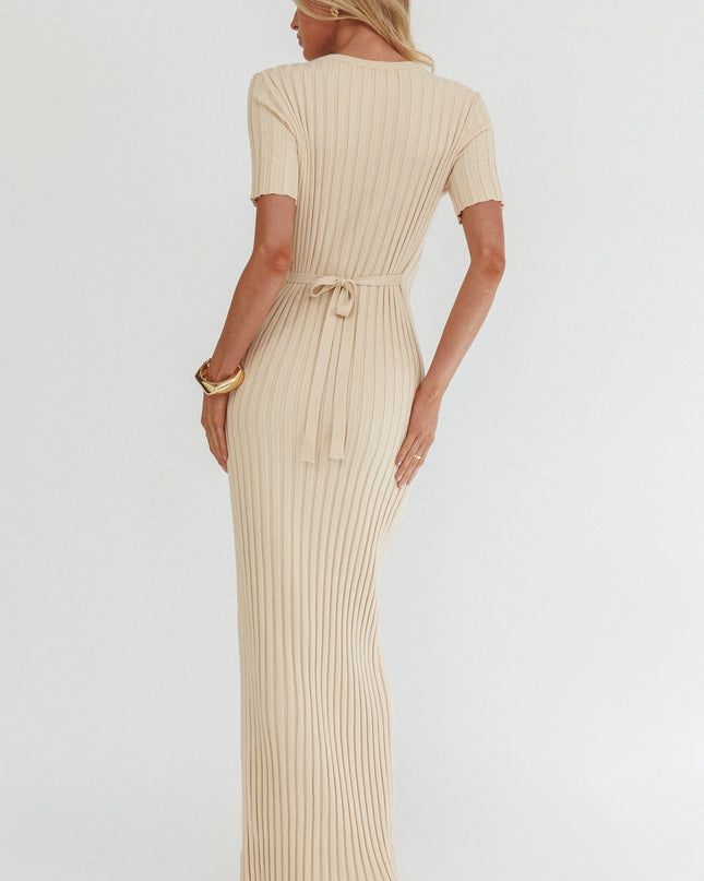 Cream Waist Tie Ribbed Knit Maxi Dress