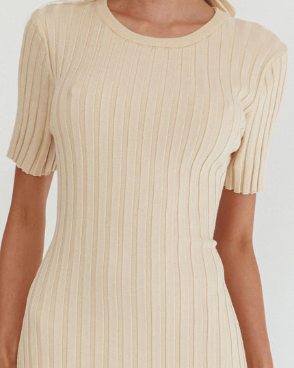Cream Waist Tie Ribbed Knit Maxi Dress