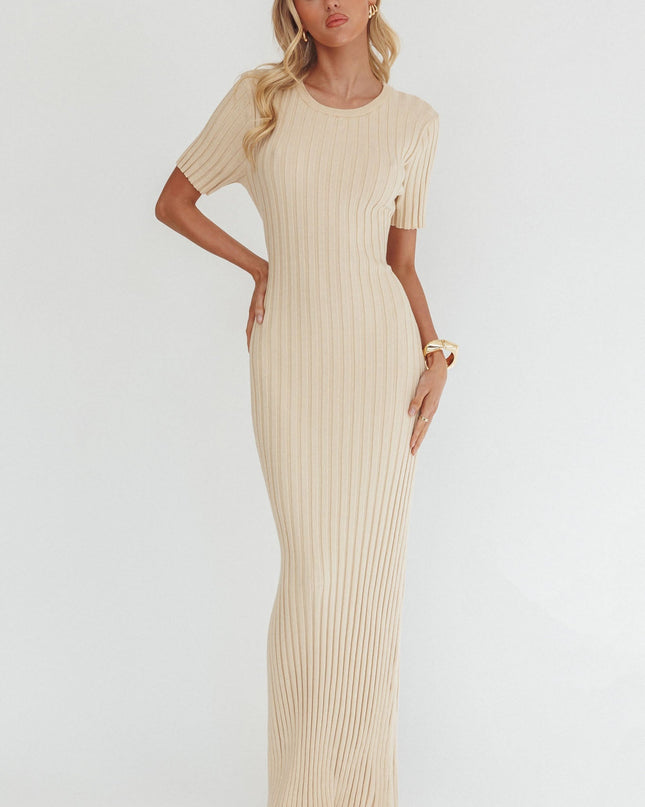 Cream Waist Tie Ribbed Knit Maxi Dress