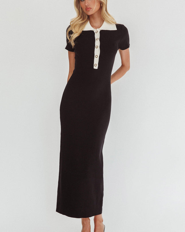 Black Button Neckline Knit Maxi Dress