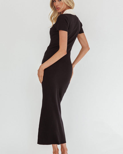 Black Button Neckline Knit Maxi Dress