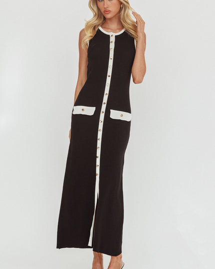 Black Faux Placket Knit Maxi Dress