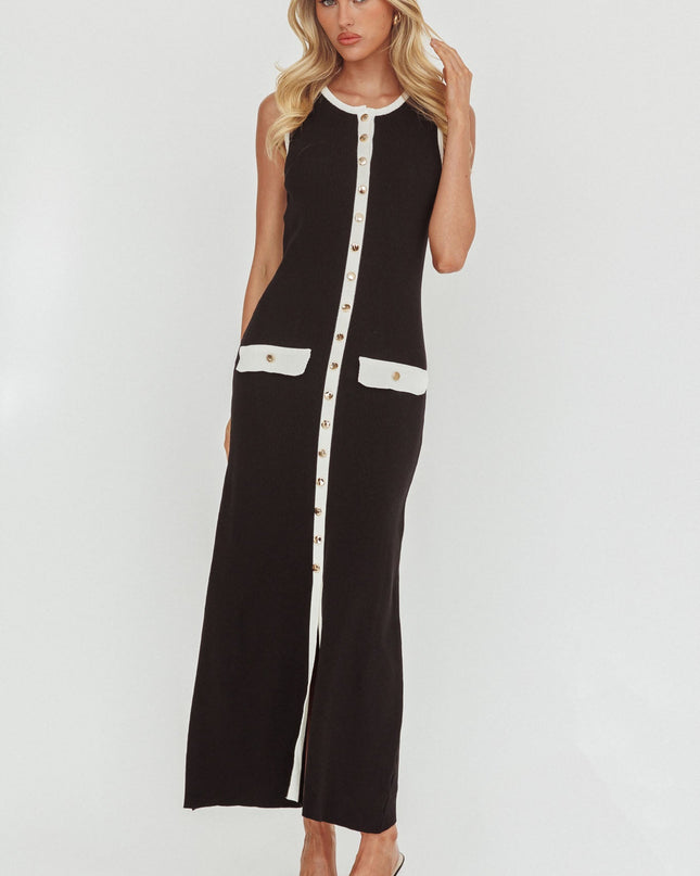 Black Faux Placket Knit Maxi Dress