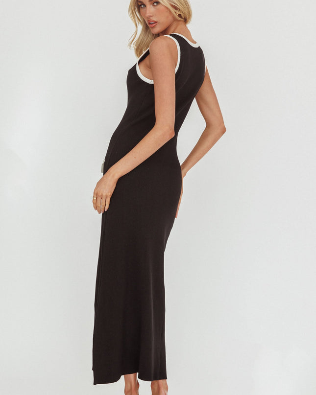 Black Faux Placket Knit Maxi Dress
