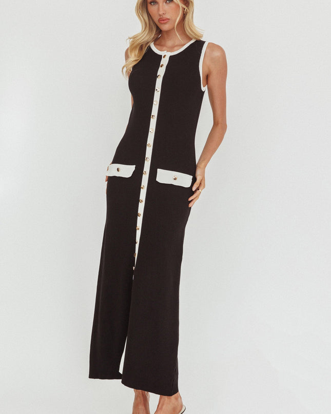 Black Faux Placket Knit Maxi Dress