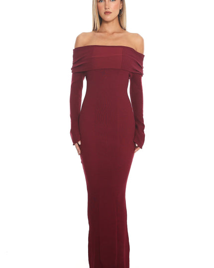 Wine Off-Shoulder Ribbed Knit Maxi Dress