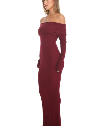 Wine Off-Shoulder Ribbed Knit Maxi Dress
