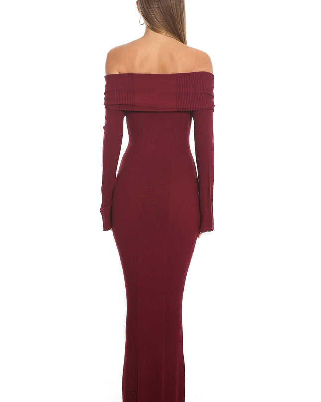 Wine Off-Shoulder Ribbed Knit Maxi Dress