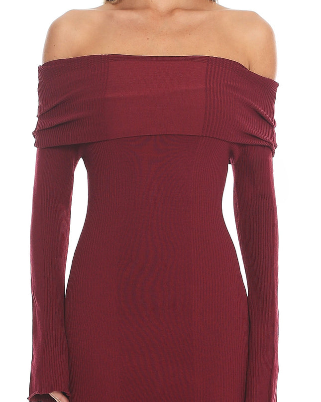 Wine Off-Shoulder Ribbed Knit Maxi Dress