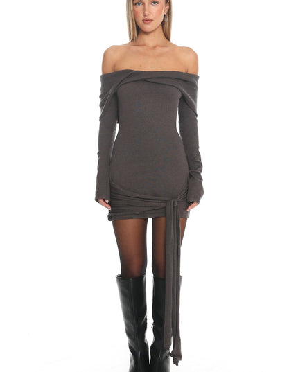 Grey Off-Shoulder Hip Tie Mini Dress