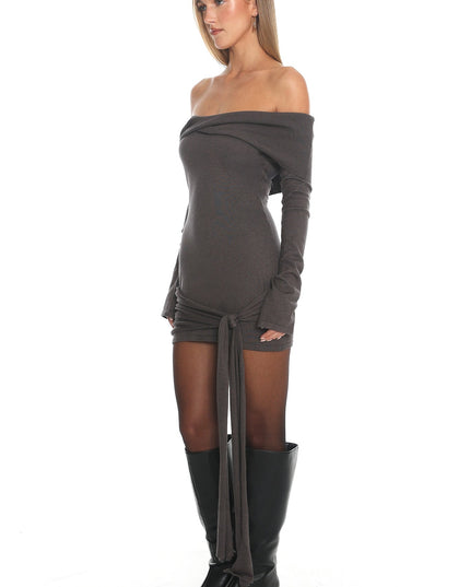 Grey Off-Shoulder Hip Tie Mini Dress