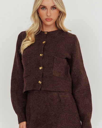 Gold Button Pocket Cardigan Coffee