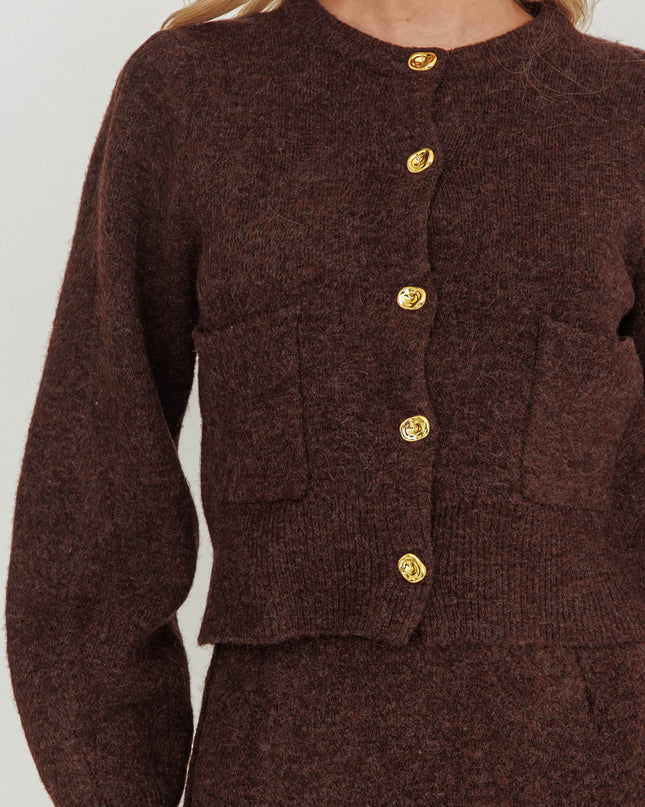 Gold Button Pocket Cardigan Coffee