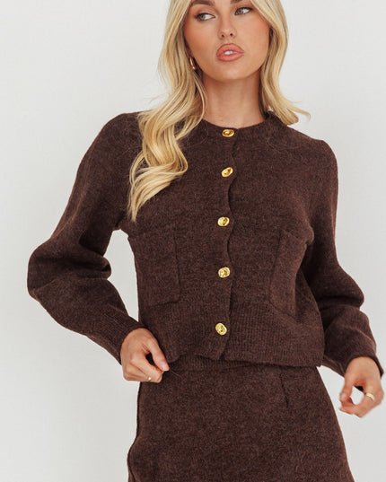 Gold Button Pocket Cardigan Coffee