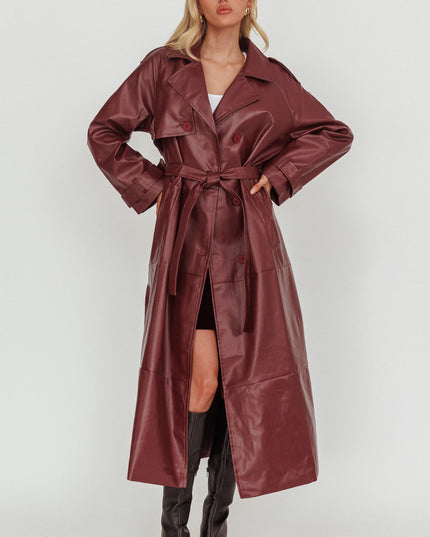 Burgundy Longline Faux Leather Trench Coat