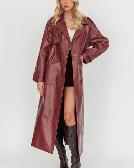 Burgundy Longline Faux Leather Trench Coat
