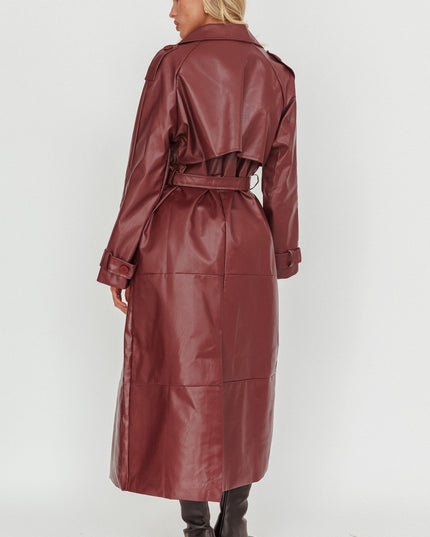 Burgundy Longline Faux Leather Trench Coat