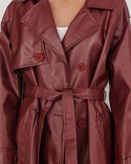 Burgundy Longline Faux Leather Trench Coat
