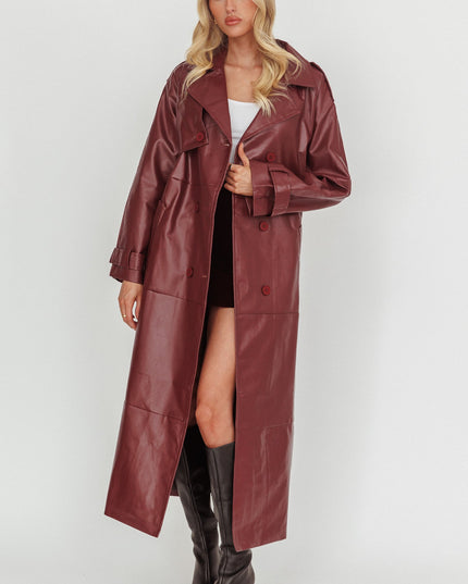 Burgundy Longline Faux Leather Trench Coat