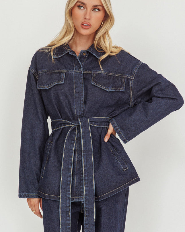 Denim Blue Waist Tie Button Jacket