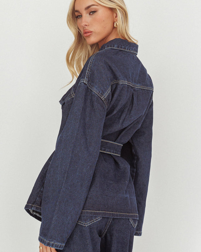 Denim Blue Waist Tie Button Jacket