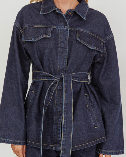 Denim Blue Waist Tie Button Jacket