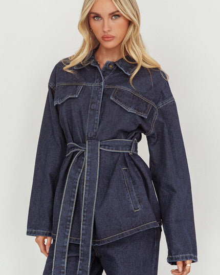 Denim Blue Waist Tie Button Jacket