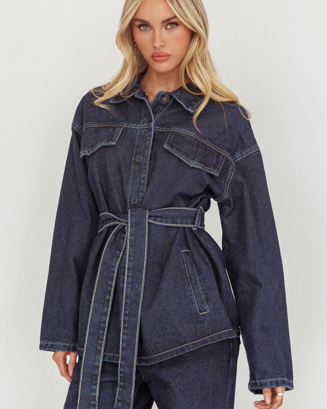 Denim Blue Waist Tie Button Jacket