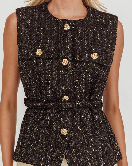 Black Tweed Waist Belt Top Sequin