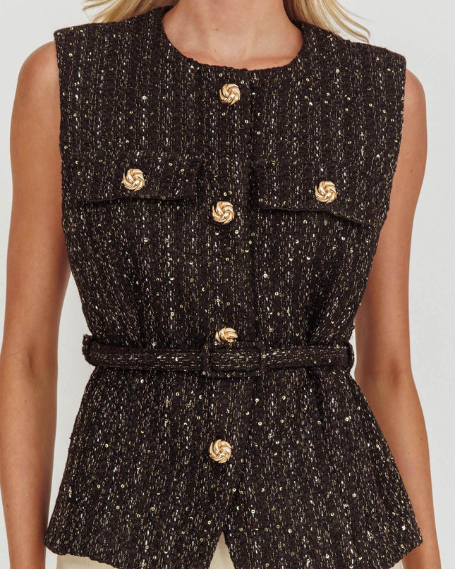 Black Tweed Waist Belt Top Sequin