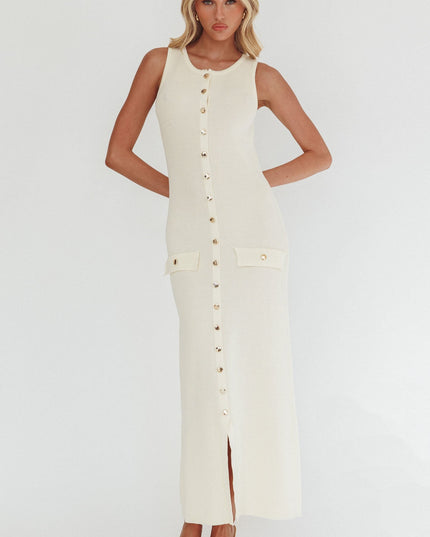 Cream Gold Button Knit Maxi Dress