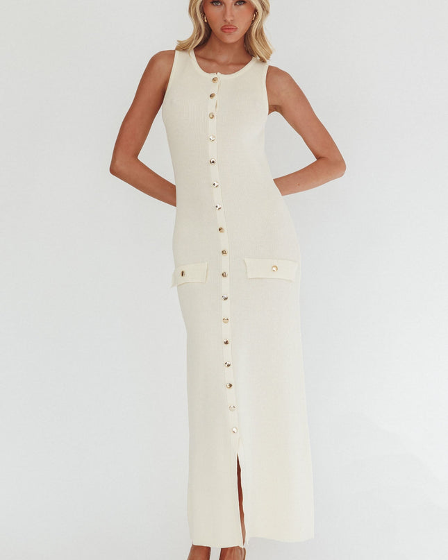 Cream Gold Button Knit Maxi Dress
