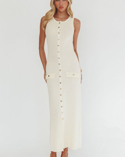 Cream Gold Button Knit Maxi Dress
