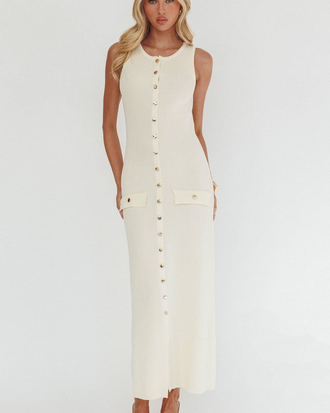 Cream Gold Button Knit Maxi Dress