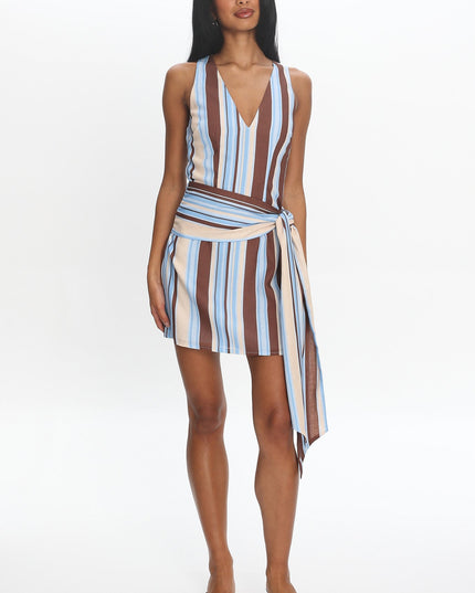 Blue Striped Tie-Waist Mini Dress